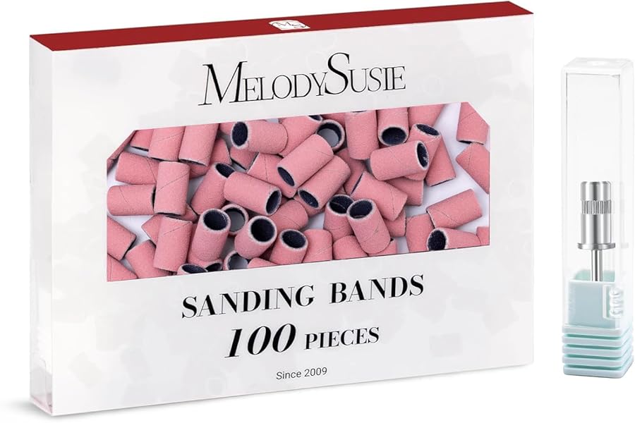 MelodySusie 100 Pcs Nail Drill Bits Sanding Bands for Nail Drill 180 Fine Grit Nail File Sanding Bands for Acrylic Nails Gel Manicures and Pedicure
