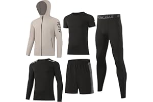 BUYJYA 5Pcs Men's T Shirts Workout Long Sleeve Athletic Zip Pocket Shorts Jackets Compression Pants Gym Clothes