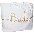 ELEGANTPARK Bride Gifts Wedding Gifts for Bride Bag Canvas Tote Bag for Bridal Shower Bachelorette Engagement Party Accessories Cotton Shoulder Bag with Pocket White with Gold Glitter