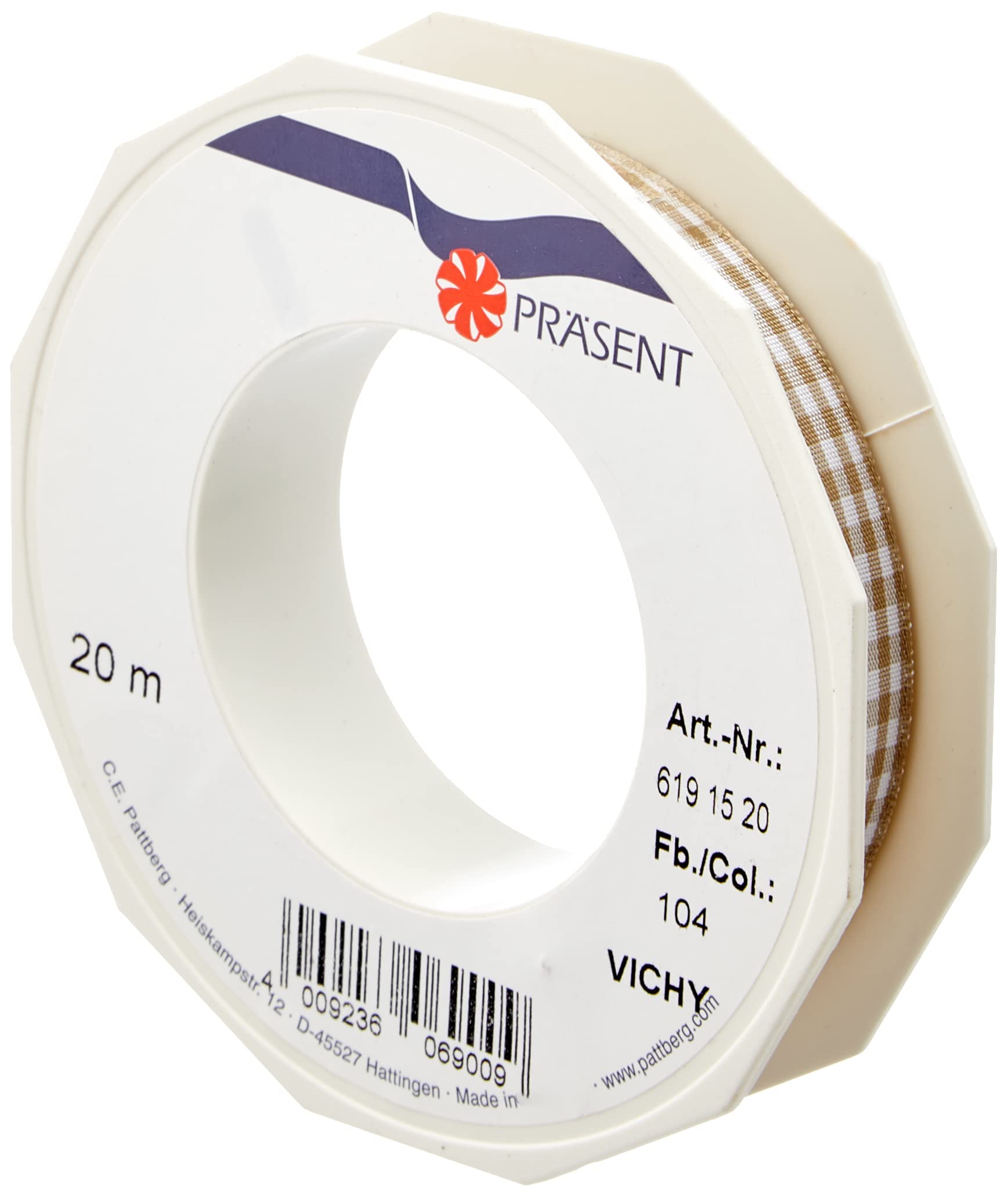 PRÄSENT - Vichy Wired Ribbon Taupe-White 15 mm width, 20 m length