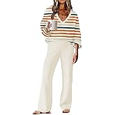 ETCYY NEW Womens 2 Piece Outfits Sweater Lounge Set Casual V Neck Knit Pajama Set Long Sleeve Top Wide Leg Pants Loungewear