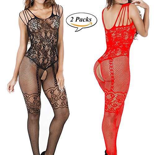 Jesries 2 Pack Women Sexy Lingerie Fishnet Floral Crotchless Bodystockings Babydoll Bodysuits Sleepwear Nightwear (Black+Red)