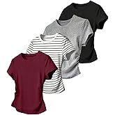 OYOANGLE Women's 4 Pack Short Sleeve Summer Tops Crew Neck Ruched T Shirts Striped Tees Solid Tops