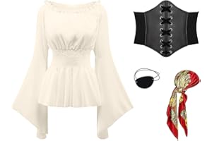 PWQMGY 4Pcs Pirate Costume Women-Include Renaissance Shirt Top Women,Pirate Corset Bandana-Halloween Carnival Cosplay Outfit