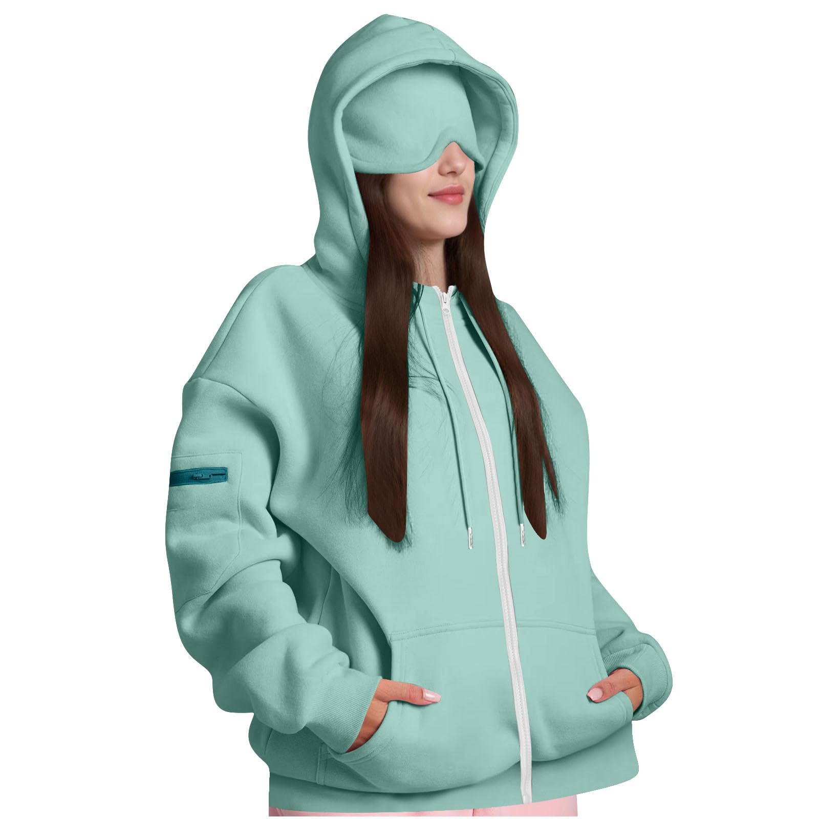Qgtaibl Womens Zip Up Hoodies Sweatshirts with Hood Built in Eye Mask Casual Jackets Multi Pockets Fashion Fall Clothes for Women 2025 Novelty Hoodie Travel Lounge Sweatshirt Coat
