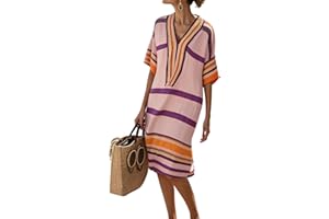 Dresses for Women Linen 3/4 Sleeve Midi Dresses Cute Striped Dress Summer V Neck Boho Vacation Dress Casual Outfits