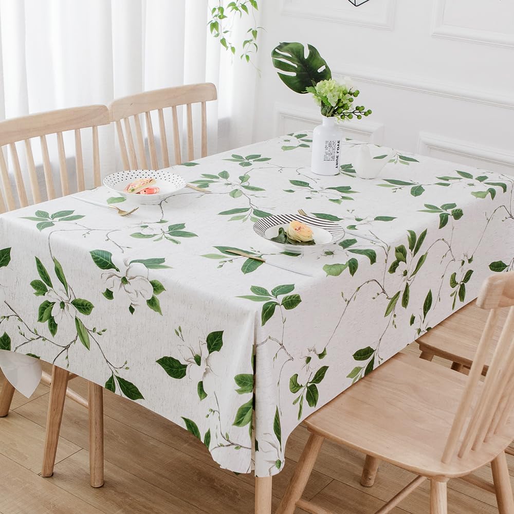 TruDelve Heavy Duty PVC Tablecloth, Rectangular, Green Leaves, 108 x 54 Inches, Waterproof, Wear-Resistant, Kitchen Dining