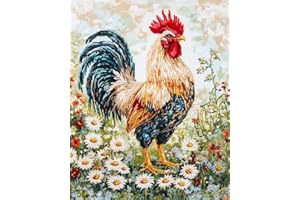 Animals,Farm Daisy Rooster 11CT Embroidery Cross Stitch Kit, DIY Full Embroidery Needlework Set with Stamped Patterns 16x20 i