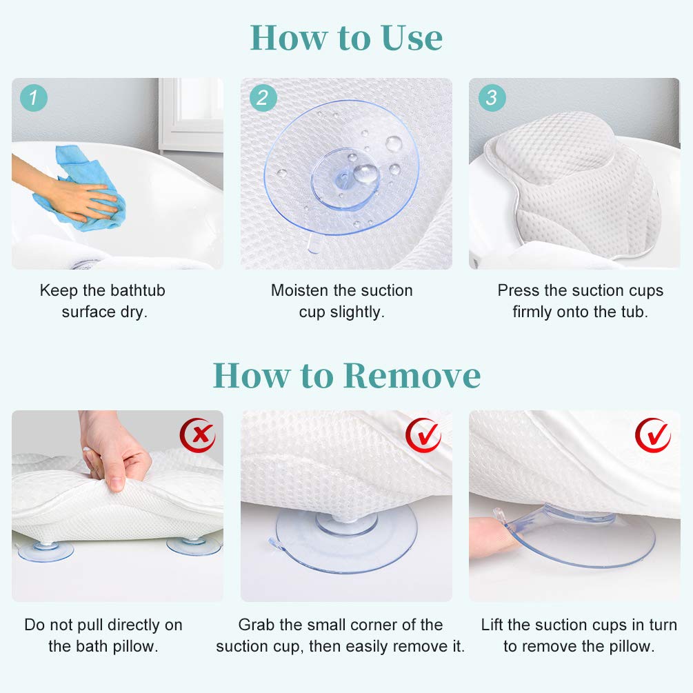 Bath Pillow for Tub Neck and Back Support, Luxury Bathtub Pillow Rest 3D Air Mesh Breathable Spa Pillow with Powerful Gripping Technology 6 Powerful Suction Cups, Comfortable Soft Bath Tub Pillow : Beauty