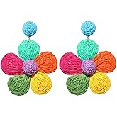 Rattan flower Earrings for Women Multicolor Daisy Raffia Straw Flower Dangle Earrings Weaving Handmade Boho Summer Beach Jewelry