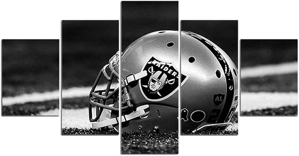 Oakland Raiders Team Logo Pictures for Wall Art Paintings 5 Piece Canvas Living Room Decor Abstract Artwork House Decoration Poster Prints Framed Ready to Hang(60''Wx32''H)
