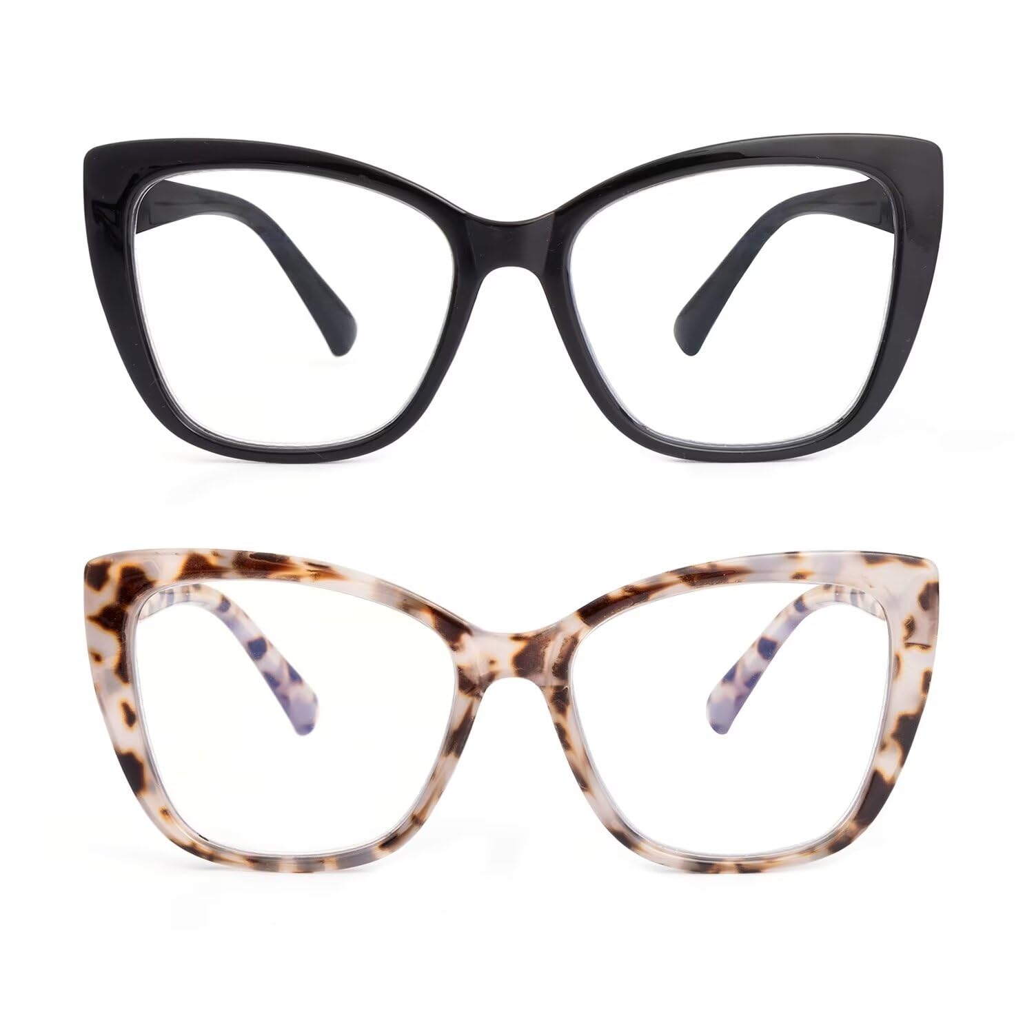 SKYWAY 2 Pack Reading Glasses for Women, Fashion Oversized Blue Light Blocking Computer Readers, Square Cat Eye Frame Ladies Glasses with Spring Hinges, Black+White Tortoiseshell +1.0
