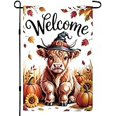 CHAONENG Welcome Fall Highland Cow Garden Flag 12x18 Double Sided, Small Polyester Autumn Pumpkins Flowers Cows Yard Flag for Outside Outdoor Decoration