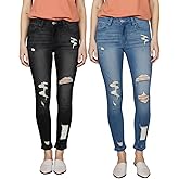 Women's Mid Waisted Jeans Trendy Distressed Stretch Ripped Butt Lift Denim Pants (Pack of 2)