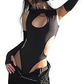 SHIPPOOOU Women Sexy Cut Out Mock Neck Bodysuit Slim Fit Sleeveless Leotard Jumpsuits Top with arm sleeves Club Outfits