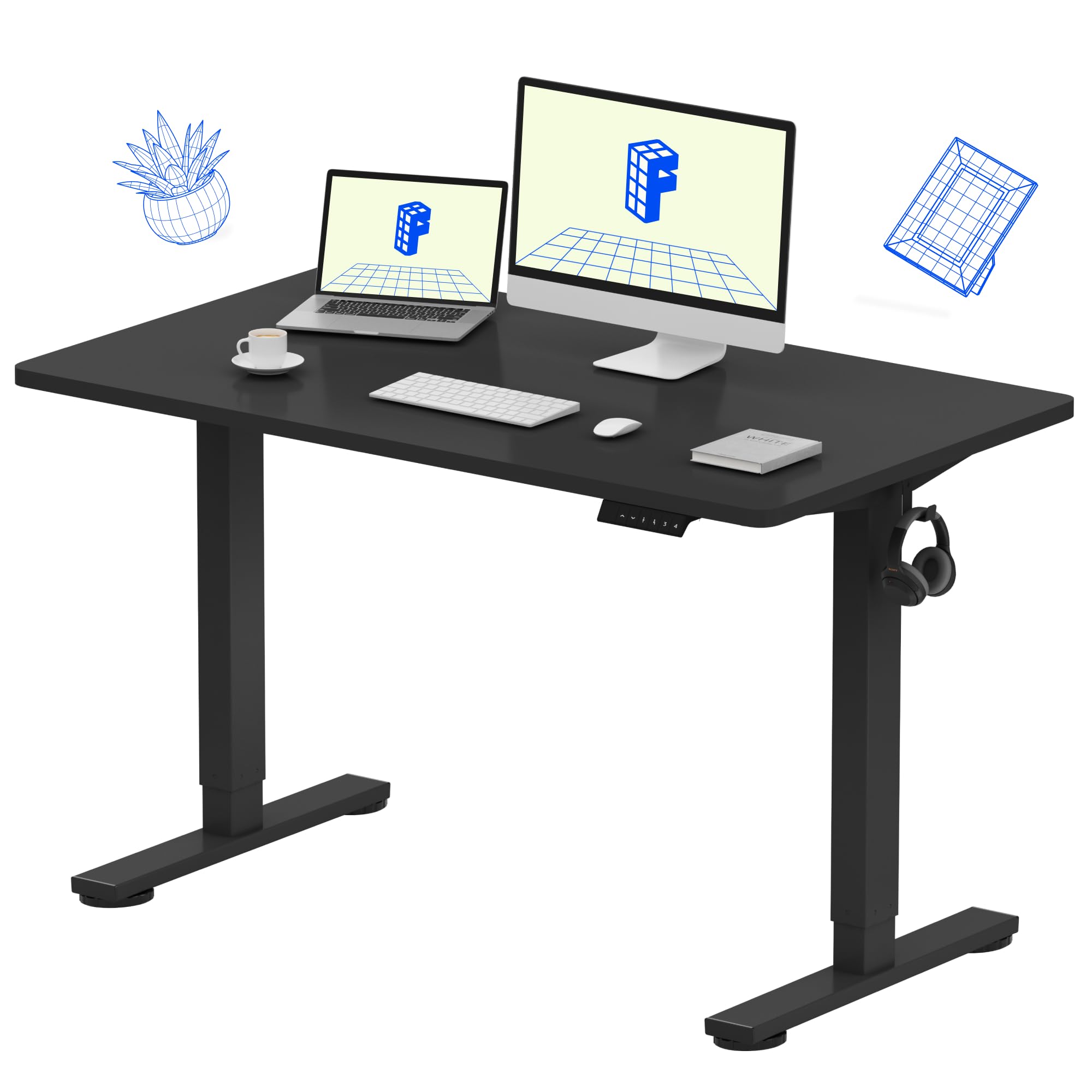FLEXISPOT EN1 Whole-Piece Standing Desk 48 x 24 Inches Electric Height Adjustable Desk for Home Office (Black Frame + Black Table Top)