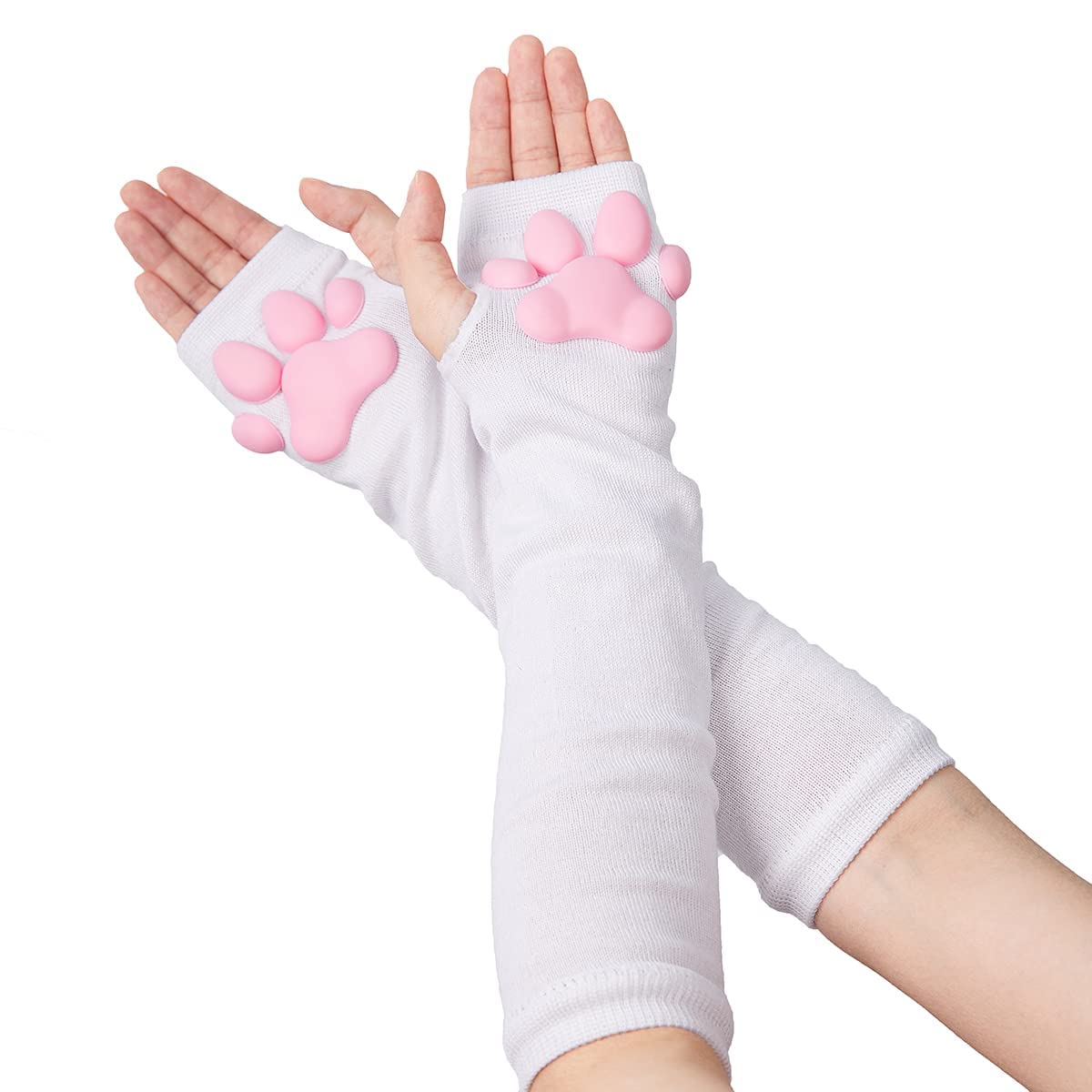 SIROLISA Cute Cat Paw Costume, Kawaii Soft 3D Toes Beans Fingerless Cat Claw Paws Cosplay Set for Women (White Long Gloves)