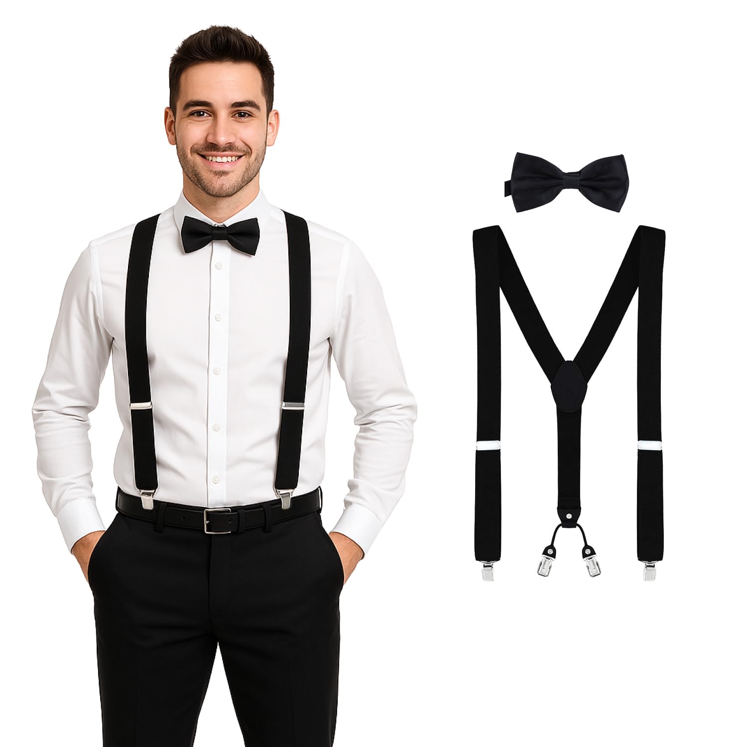 DonDon Men’s 1,38" wide Y style elastic and adjustable braces suspenders as a 2-piece set with matching colour bowtie 4.72 x 2.36 - Black