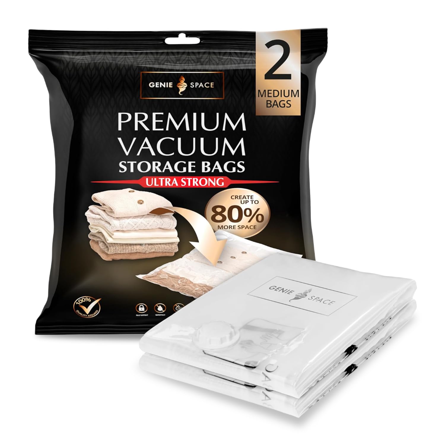 GENIE SPACE Premium Vacuum Storage Bags for Clothes, Bedding and Travel, Medium Size 70x50cm, Airtight, Reusable and Odour-Proof Space Saver Bags with Double Seal, 2 Pack