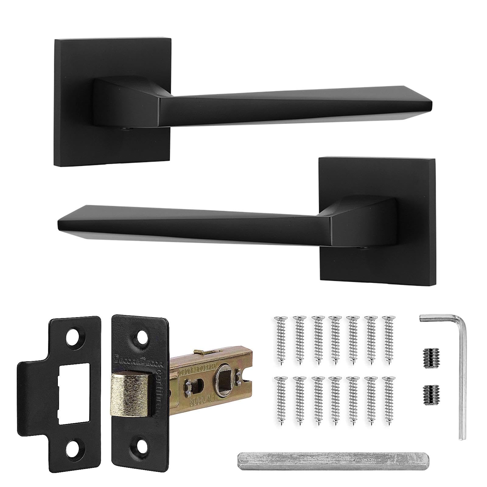 Decoranddecor Leda matt Black Internal Door Handle Set, Aluminium Lever on Rose with fire Rated Tubular mortice Latch, Modern Hardware for Wooden Interior Bedroom, Hallway and Living Room Doors