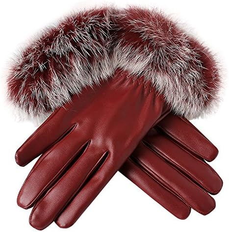 Loneflash Fashion Women Lady Black Leather Gloves Autumn Winter Warm Rabbit Fur Mittens Gloves