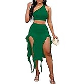BARASA Women Summer 2 Piece Skirt Sets Comfy Ruffle Trim Irregular Split Sexy Y2k Club Party Tops Jellyfish Skirt Suits S69