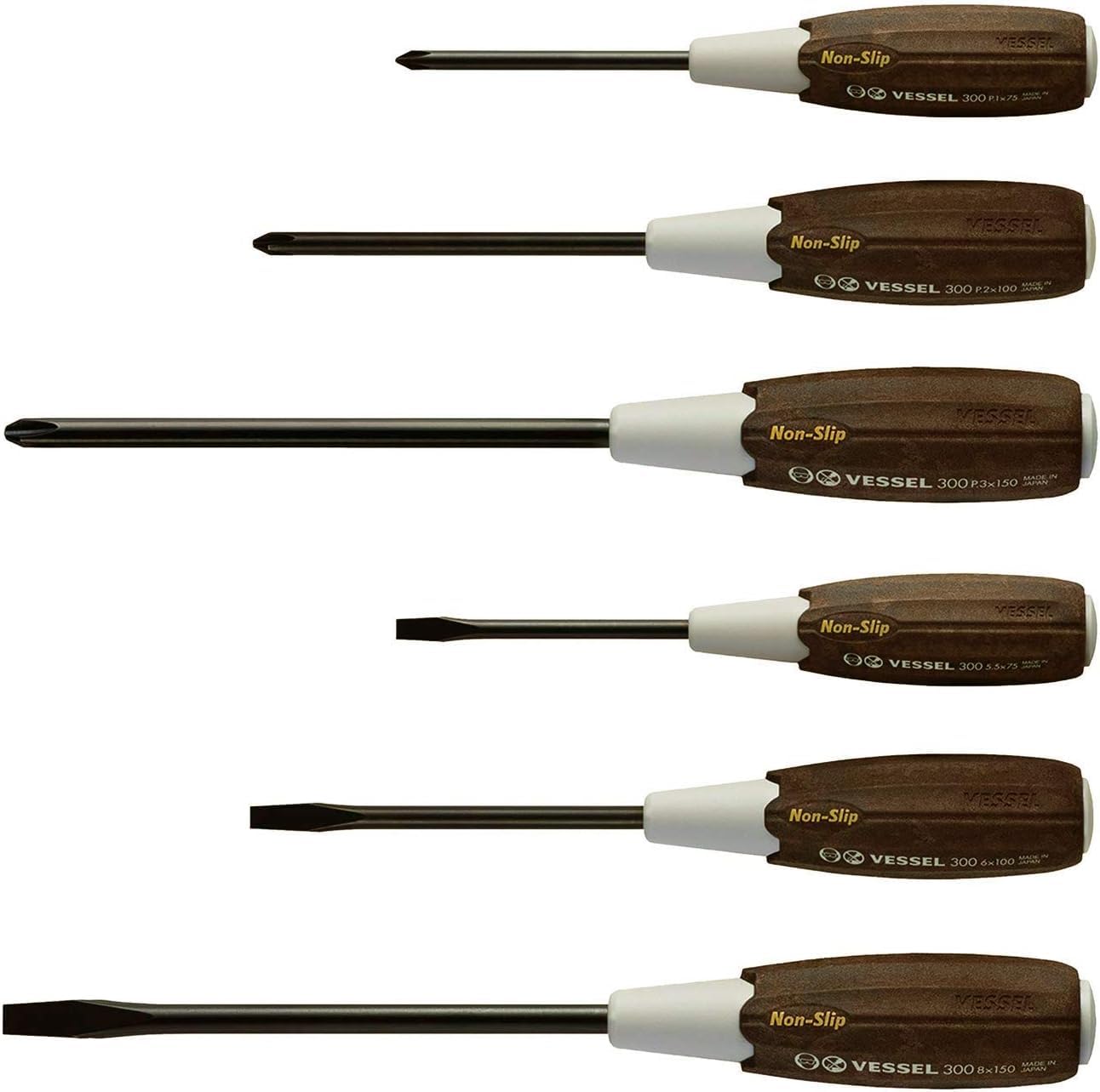 VESSEL Wood-Compo Non-Slip Handle Screwdriver Made in Japan by VESSEL (6PCS Set 3006CS)