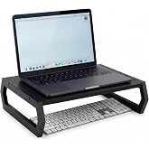 Wenqik Solid Pine Wood Laptop Riser, 14.2" Wooden Laptop Stand for Desk | Monitor Shelf with Keyboard Storage, Minimalist Desktop Organizer for Dorm Room, Home Office, Black(Hexagonal Design)