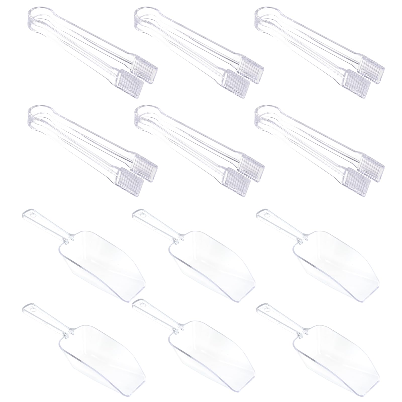 Photo 1 of 12Pcs Clear Plastic Ice Scoops Tongs Set, Small Tongs for Serving Food, Mini Candy Scoops for Candy Buffet Dry Goods Freezer Bin Canisters (Clear)