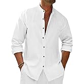 Runcati Mens Casual Linen Shirts 3/4 Sleeve Button Down Banded Collar Summer Beach Shirt