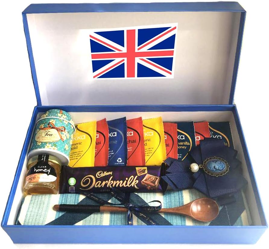 Tea TIME/ The Great British Set in a Blue Gift Box | Pukka British Tea, Cadbury Chocolate bar, Queen Head Portrait Brooch Jewelry, Tea Spoon, Tea Box, Honey jar and a Handmade Tea Towel.