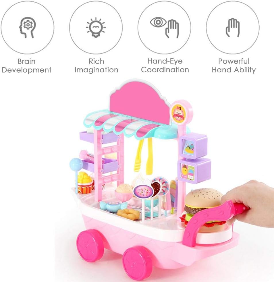 Mini Ice Cream Candy Trolley with Fake Food, Pretend Play Candy Cart Toy Set Ice Cream Car Toy Kitchen Toys for Kids Girls Birthday Gift