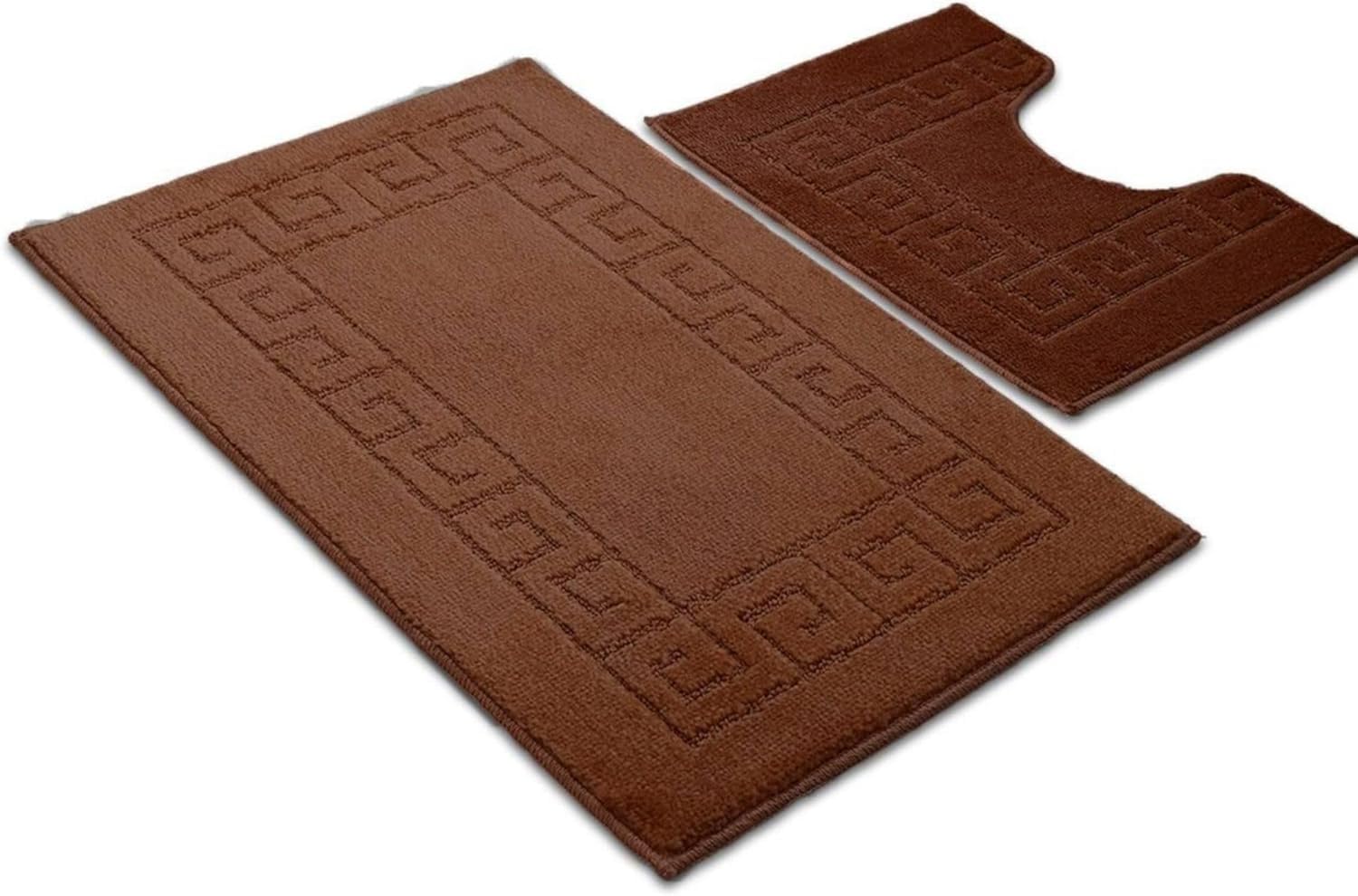 Paradise Products Greek Style Bath Mat Set 2-Piece Non-Slip Bathroom Mats, Shower Mat & Pedestal Mat Soft Washable Quick-Dry Bath Mats for Bathroom Floor Anti-Mould Bath Rug Set (Chocolate)