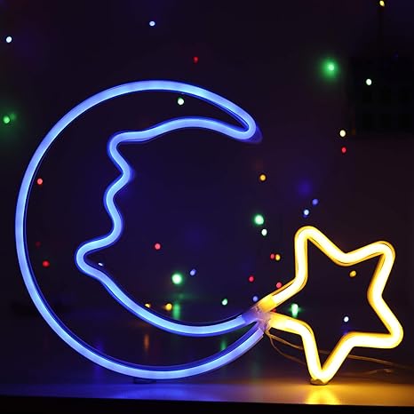 signo de luz de neon azul luna estrella neon luz de noche para dormitorio de los ninos arte de pared led luces decorativas para el hogar usb led media