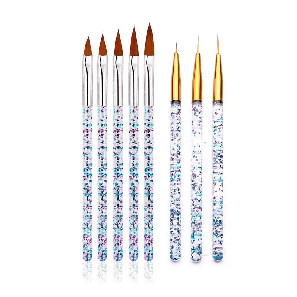 FULINJOY 8 Pcs Nail Art Brush Nail Liner Brush, Acrylic UV Gel Glitter Drawing Painting Brushes Crystal Handle Nylon Hair Carving Flower Pens Nails Tools : Beauty
