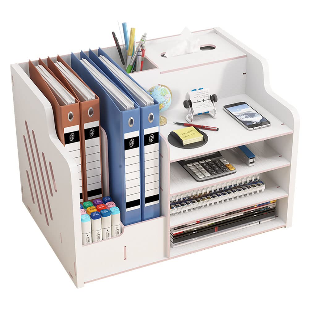 Hggzeg Updated Wooden Desk Organiser, Large Capacity Desk Tidy Storage Holder Sorter DIY Office Supplies Storage Box for A4 Papers, Books, Document and Notebook (JB07 White Maple)