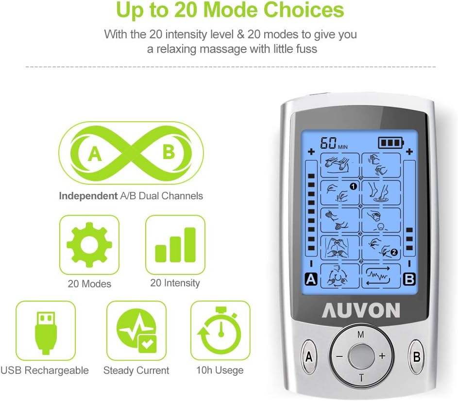 AUVON Dual Channel TENS Unit Muscle Stimulator Machine with 20 Modes, 2" and 2"x4" TENS Unit Electrode Pads: Health & Personal Care