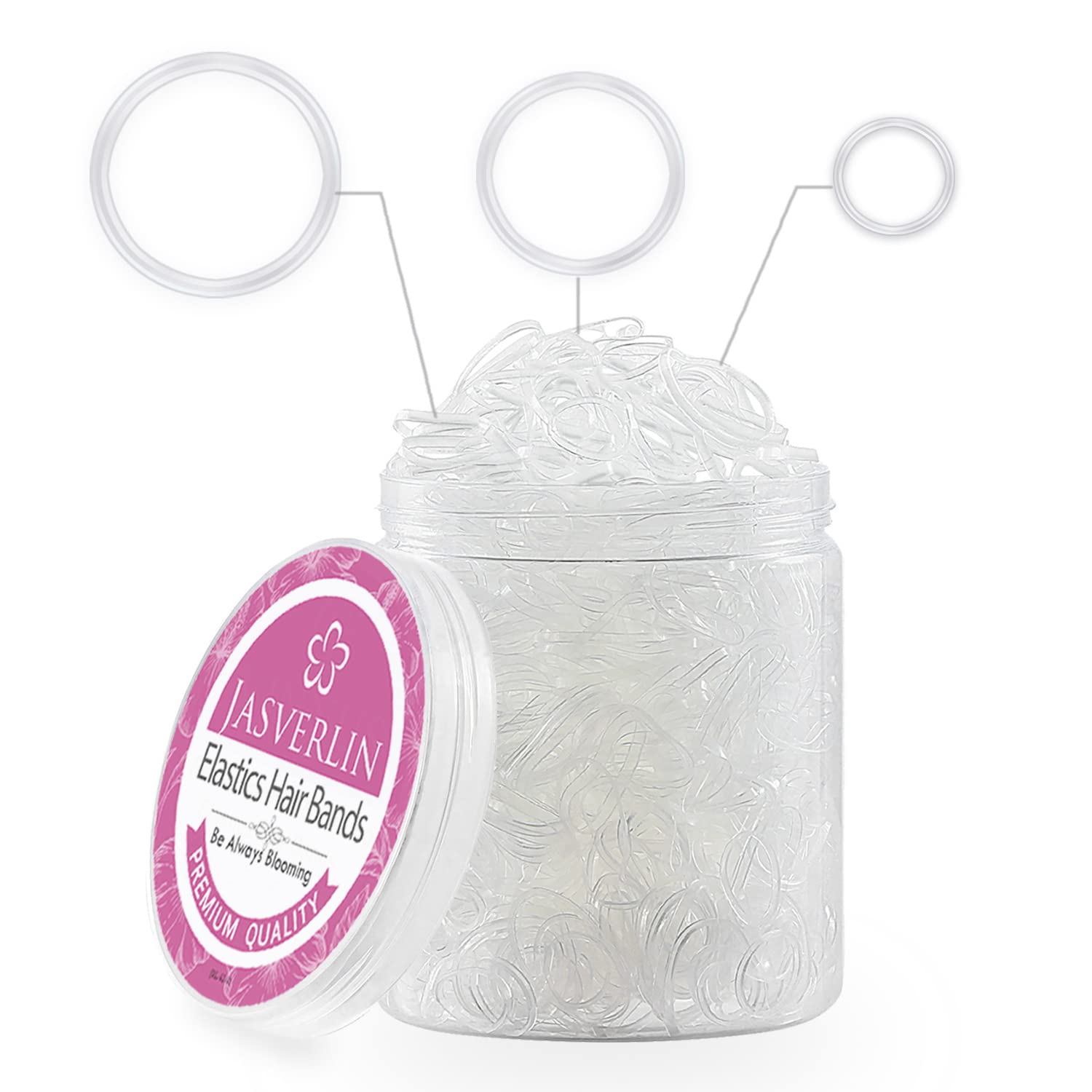 JASVERLIN Clear Hair Elastics Bands, Assorted Size Rubber Hair Ties Baby Mixed Size Polybands Hair Elastics for Toddler Girls Women 2000pcs