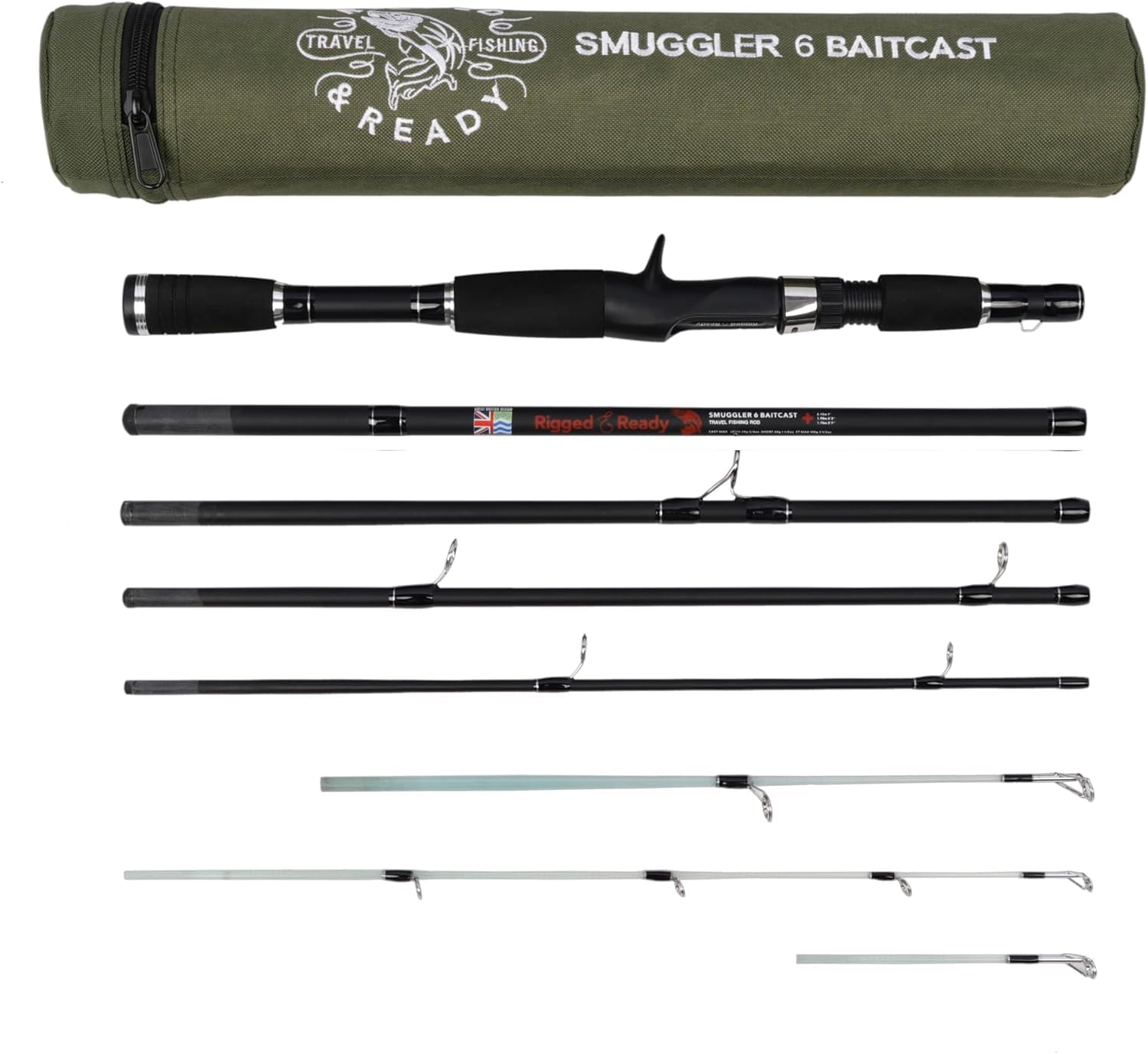 Rigged and Ready Smuggler 6 Baitcast Rod Travel Fishing Rod + Case. Rod Lengths 170cm 5’7”, 190cm 6’3”, 215cm 7’ with 3 Tips for Spin and Bait General Freshwater and Sea Fishing