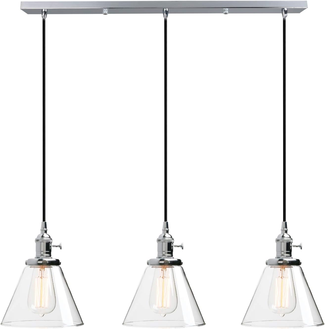 Phansthy Industrial Pendant Light Fitting with Switch 3 Light Edison Ceiling Hanging Lamp with Funnel Clear Glass Shade Cluster Chandelier Fixture Ceiling Light for Dining Room Living Room (Chrome)