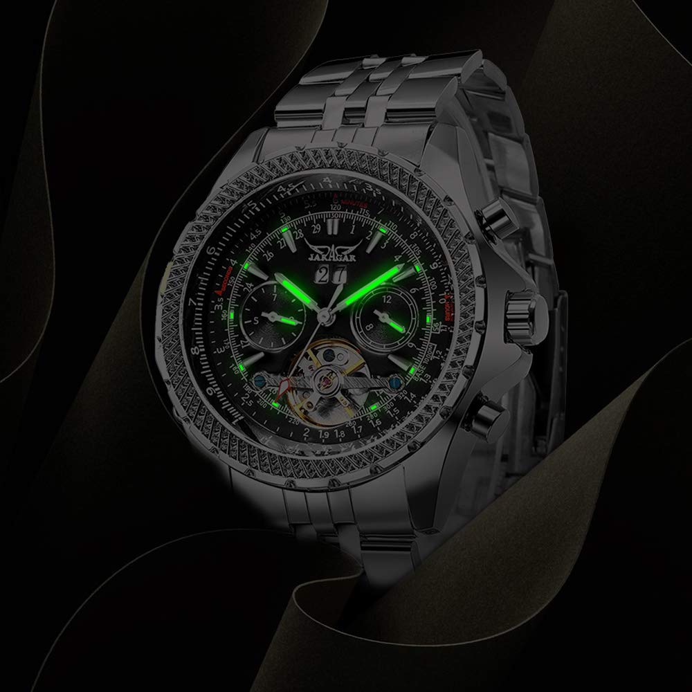Gute Mens Watches, Mechanical Automatic Stainless Steel Waterproof Watch for Men, Luxury Big Face Multi Functional Tourbillon Calendar Wristwatch