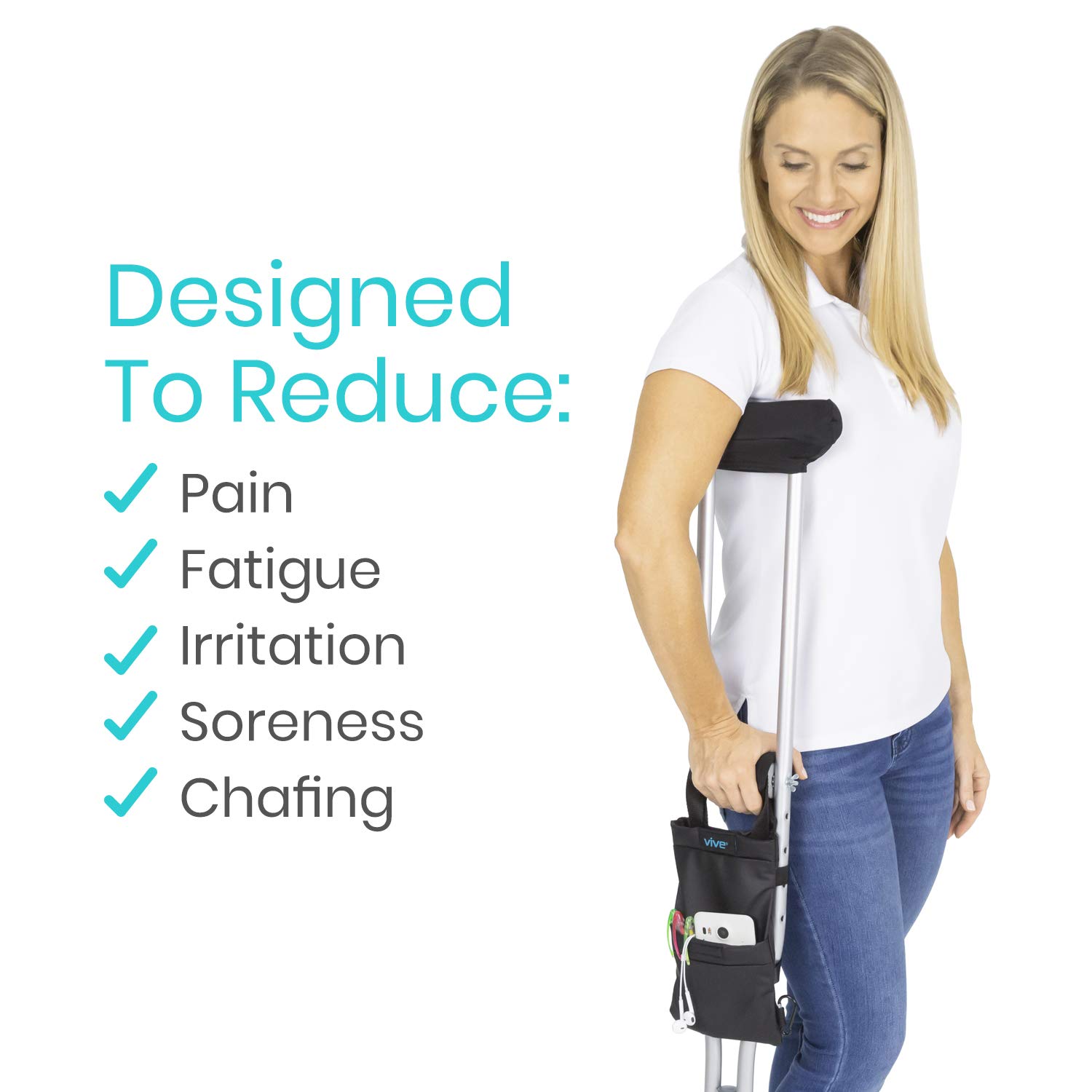 Vive Crutch Pads, Bag, & Hand Grips (5 PCS) - Crutches for Adults Armpit Padding, Hand Grips, Accessories Pouch - Soft Tips Medical Padded Handles for Kids, Men, Women - Lightweight