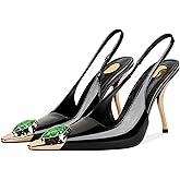 VOZTOLLS Womens Slingback High Heels Crystal Metal Pointed Closed Toe Stiletto Heeled Sandals Party Wedding Dating Pumps Dress Shoes Black Size 8