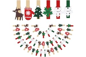 ROSARIA HOME 60pcs Christmas Clips Mini Clothes Pins Wooden Clothespins Red Snowflake Photo Clip Small Wood Clips Set DIY Hanging Pegs for Christmas Cards Paper Crafts Holiday Party Supplies,60pcs Mixed