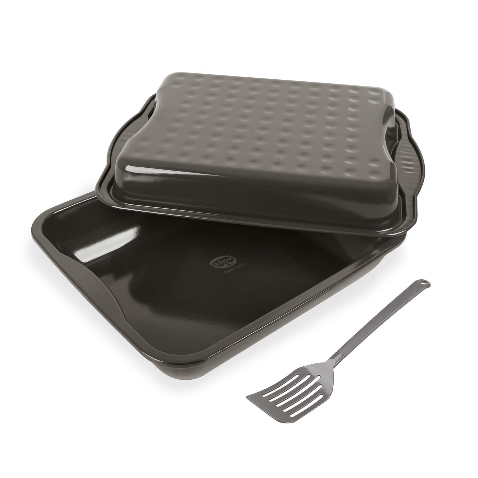Dr. Oetker Maxi Roasting Dish with Lid and Slotted Turner Exclusive High-Quality Sheet Steel Square Family Roasting Dish for Chicken and Vegetables (Colour: Grey/Brown/Cream), Quantity: 1 x Set of 3