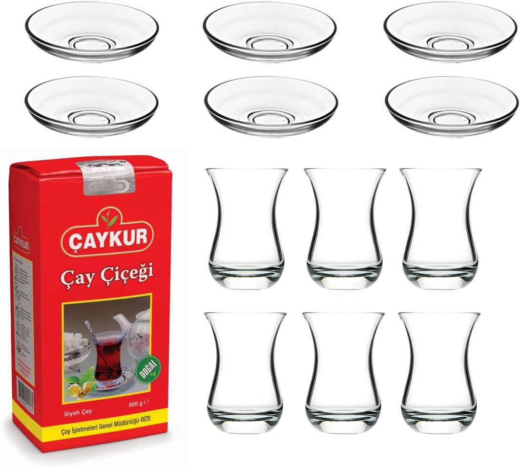 Aida Turkish Tea Glasses (Pack of 6) Glass with Coasters and Caykur Cay Cicegi Black Tea 500 g