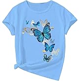 Floerns Girl's Butterfly Print Crew Neck T Shirt Short Sleeve Casual Cute Tee Top