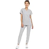 MediChic Women’s Scrubs Set – V-Neck Stretch Scrub Top with 8-Pocket Jogger Pants, Anti-Wrinkle Medical Workwear