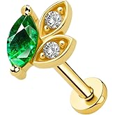 ALACLO 1Pcs 14K Gold Threadless Helix Tragus Piercing Jewelry, 16G Flat Back Top Push in Cartilage Earrings for Women Labret Stud