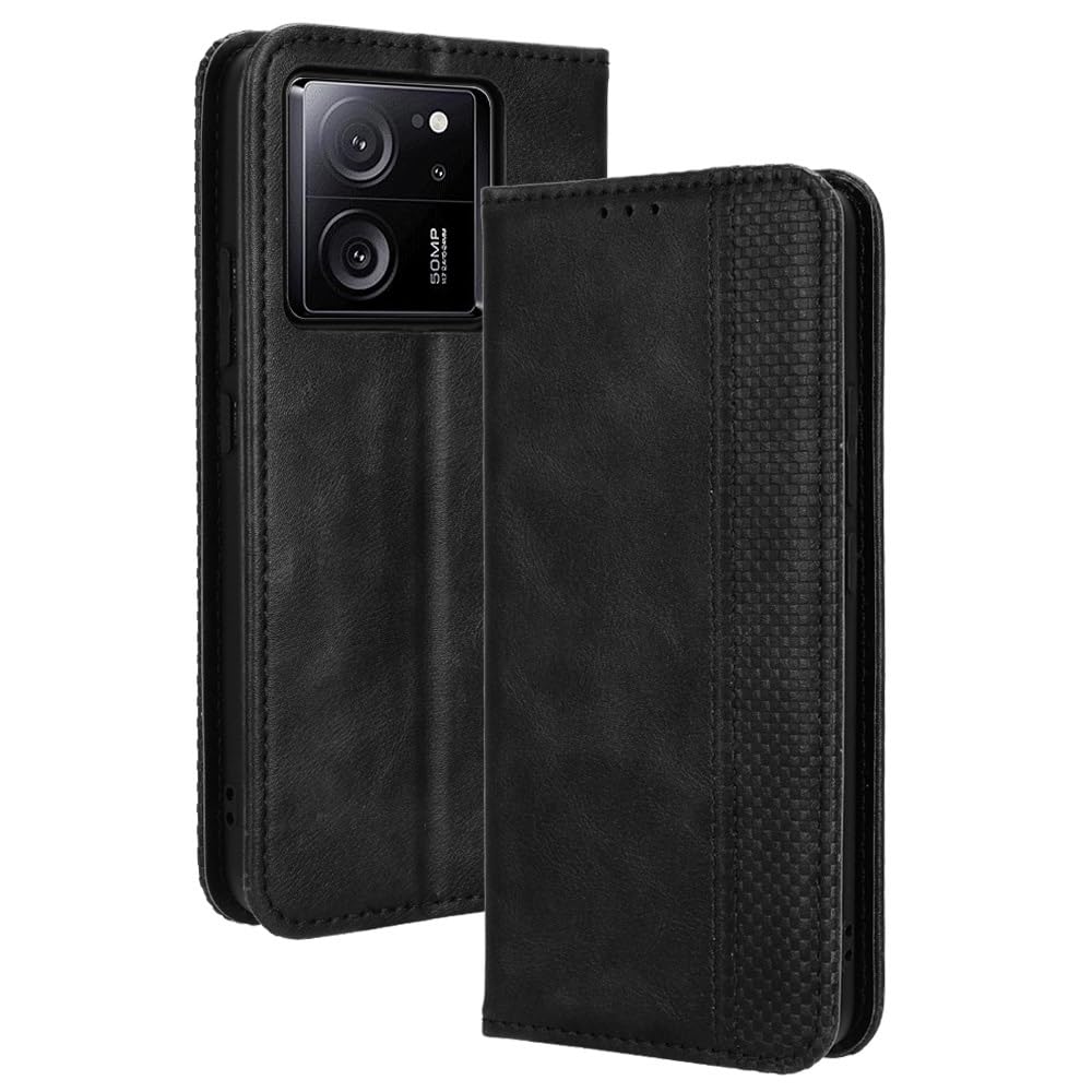 RonRun Xiaomi 13T Pro Case, PU Leather Folio Mobile Phone Case with Silicone Shockproof Protective Cover and Credit Card Slots and Flip Stand Compatible for Xiaomi 13T Pro, black